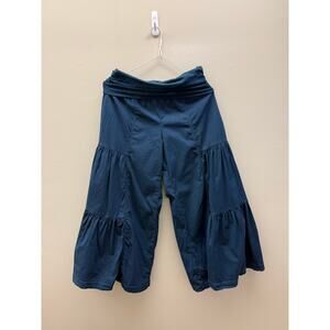 Wearables Blue Cropped Wide Leg Pants | Roll Over Waist | Tiered Ruffle Boho